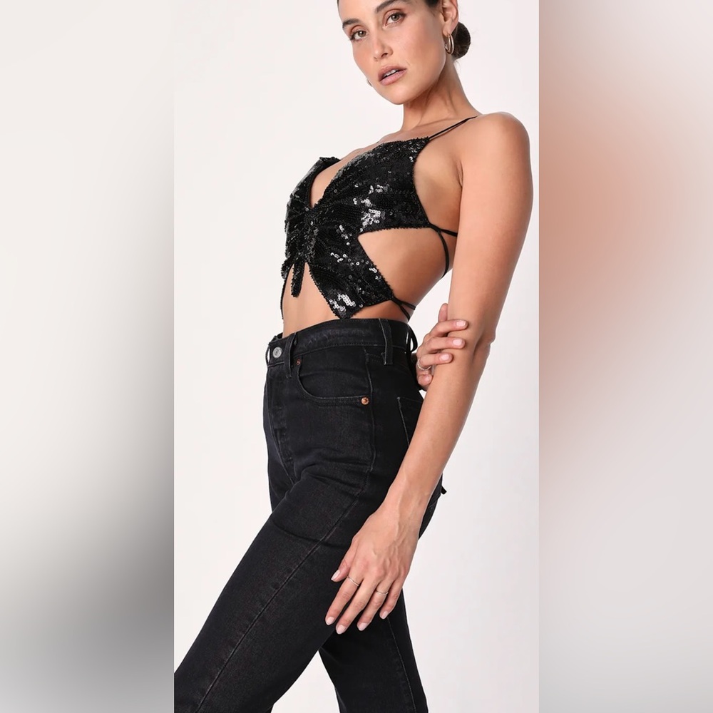 Steve Madden Black Sequin Butterfly Top One Size NWT